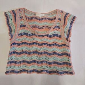 Rebellion Crochet Crop Top Sz S Flutter Sleeve Scallop Hem Boho SoftGirl Pastel